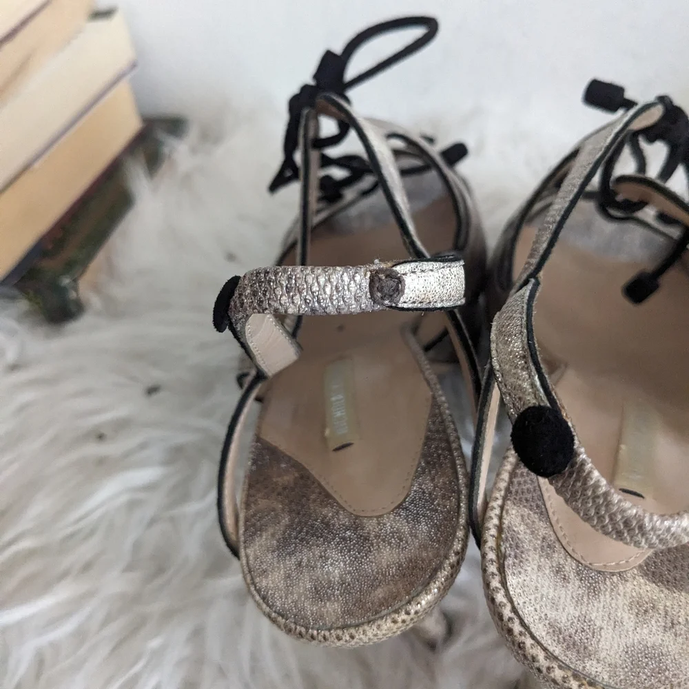 Nicholas Kirkwood Metallic Leather Heels Sandals 8 Lace Up Sling Snakeskin